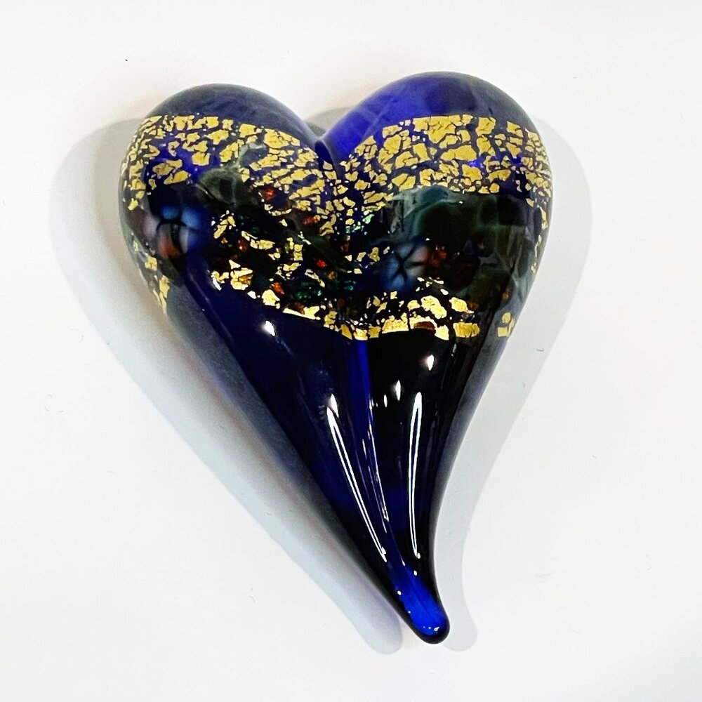 Robert Held Art Glass Heart Paperweight – Cobalt Blue w/ Gold Flecks Hand Blown